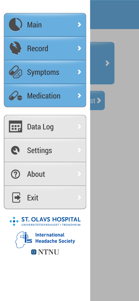 片頭痛オーラアプリのサイドナビゲーションメニュー。症状と投薬の記録オプションが表示され、下部には医療研究のロゴがあります。