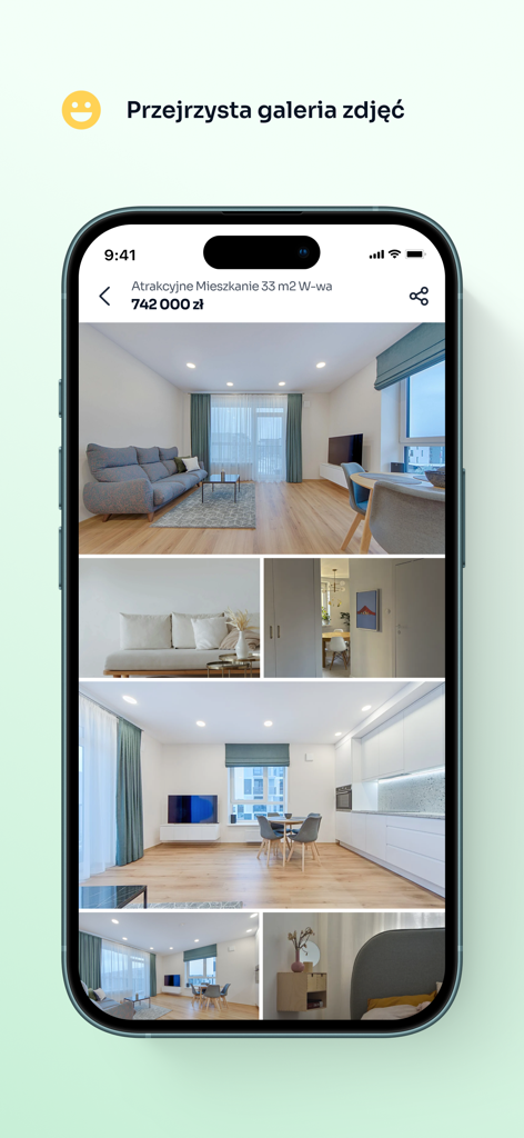 Otodom mobile app screen displaying a clear photo gallery of a modern apartment interior for sale in Warsaw