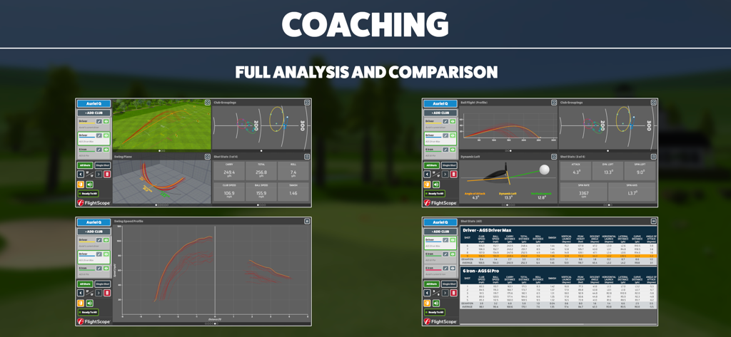 Awesome Golf coaching screen showing swing analysis and detailed shot statistics