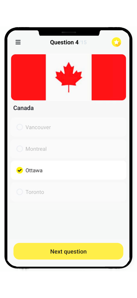Countries and Capitals Quiz - A geography quiz app screen showing a question about the capital of Canada with its flag and multiple choice options.