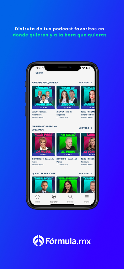 Interfaz de la aplicación Grupo Formula mostrando una lista de categorías de podcasts y personalidades de la radio mexicana