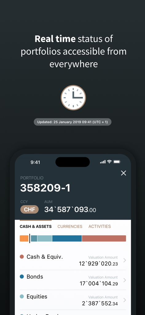 Interface de l'application EFG Banking montrant le statut du portefeuille en temps réel et la répartition des actifs entre espèces, obligations et actions.
