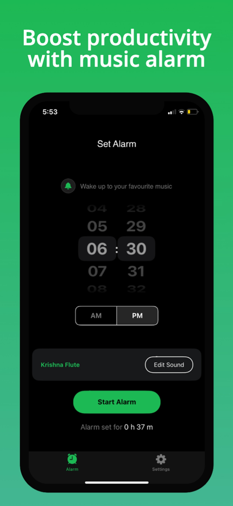 Alarm Clock for Spotify Songs - Interfaz de la aplicación de alarma musical de Spotify que muestra una alarma configurada para las 6:30 p. m. con una selección de canciones.