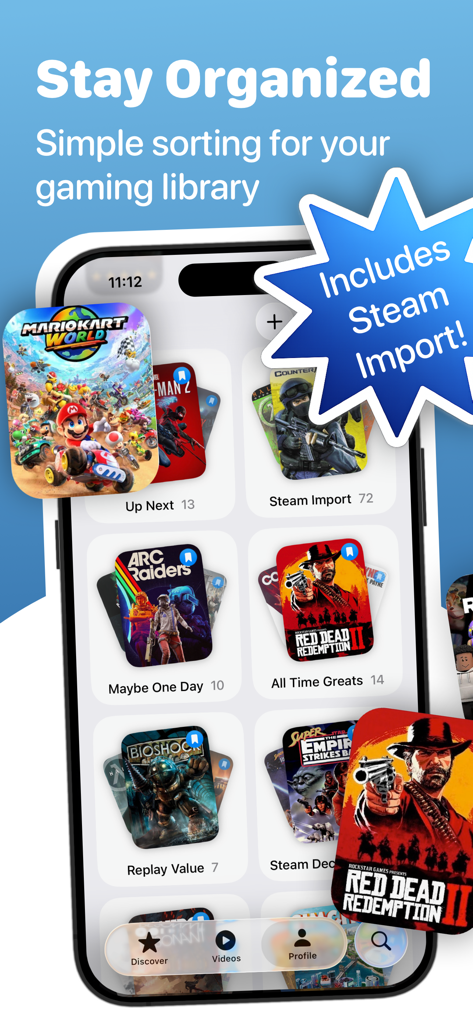 GameBox: Game Collection Log - GameBox app interface demonstrating organized gaming library folders and Steam import feature.