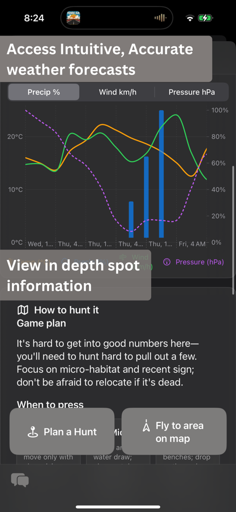 WildVision app interface showing weather forecast charts and hunting spot strategy information.