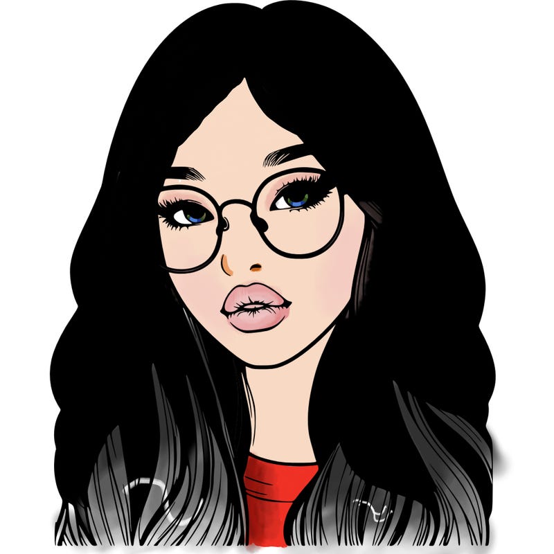 realistic korean girl with long hair, glasses and big lips