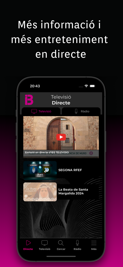 Interfaz de la app IB3 en un teléfono móvil mostrando opciones de transmisión de TV en directo y contenido cultural local de las Illes Balears