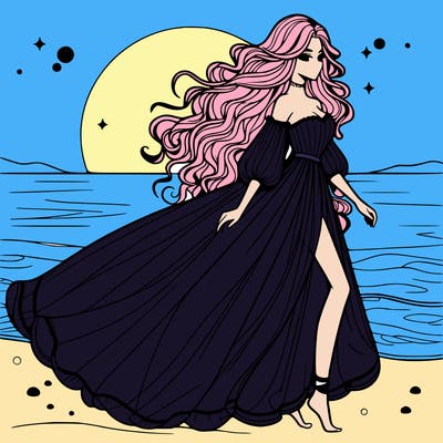 beautiful woman with a vaporous long dress walking on the beach at the noon, detailed art