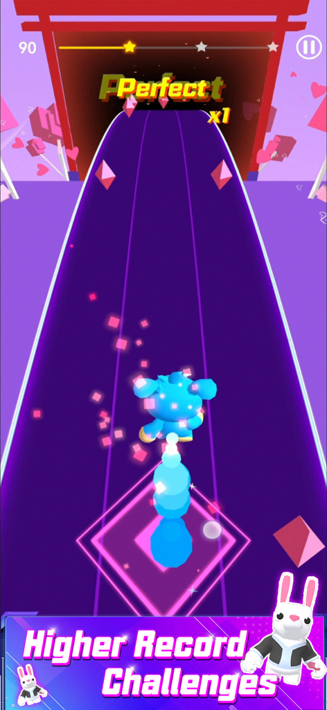 A blue character moves along a neon path in a music rhythm game with a perfect score overlay