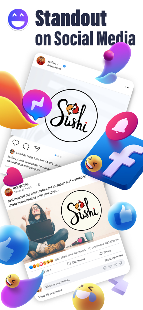 Logo Creator - Logo Maker App - A graphic showing a custom sushi logo on social media posts to help brands standout