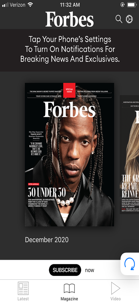 Aplicativo da Revista Forbes exibindo a capa da edição 30 Under 30 em um smartphone