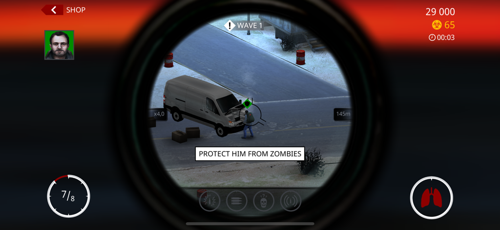 Hitman Sniper - Scharfschützen-Visieransicht, die einen Überlebenden während der Death Valley Zombie-Herausforderung in Hitman Sniper beschützt