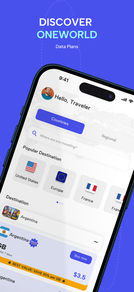 Best Connect eSIM - A mobile app interface for Best Connect eSIM showing international data plans for different countries like the United States and Europe