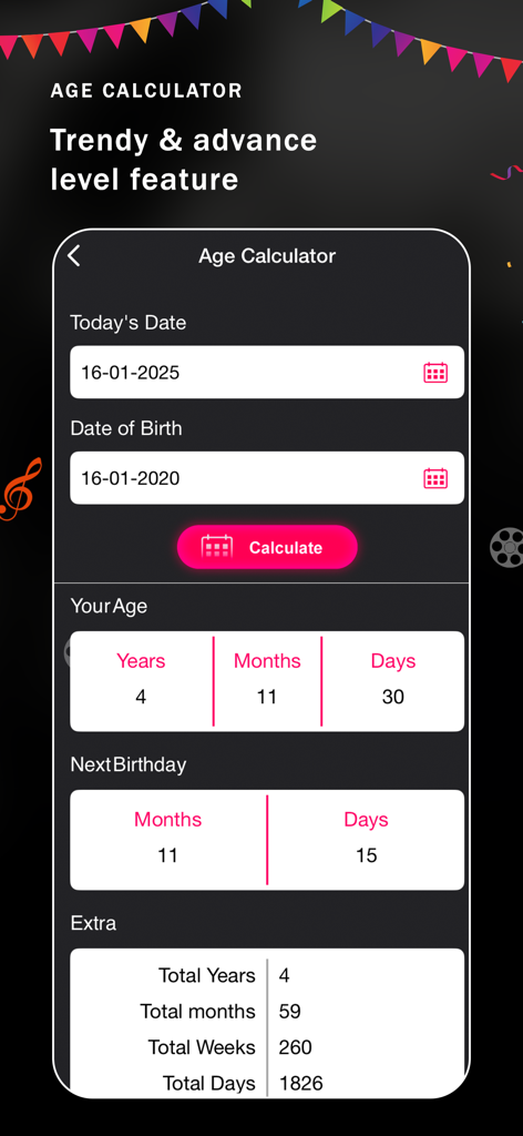 Birthday Video Maker Songs - Interfaz de la función de calculadora de edad dentro de la aplicación creadora de videos de cumpleaños