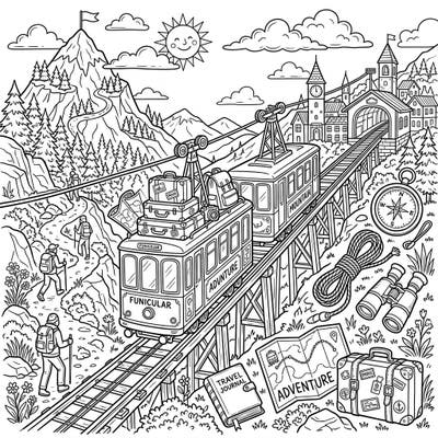 Get ready for a thrilling coloring adventure with this unique funicular and mountain vacation scene. This intricate design invites you to explore picturesque landscapes and travel essentials, perfect for a relaxing creative escape.