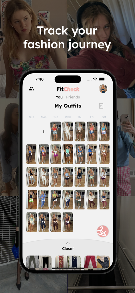 FitCheck: Outfit of the Day - 스마트폰, 매일의 의상 미러 셀카가 있는 캘린더 보기가 있는 FitCheck 앱 표시