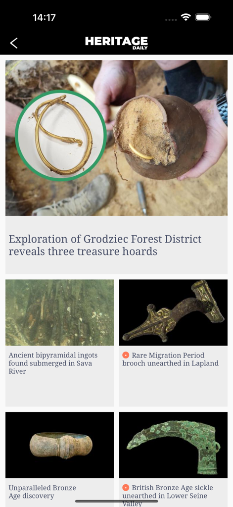 HeritageDaily Magazine - A news feed on the HeritageDaily Magazine app featuring articles about archaeological discoveries and ancient artifacts.