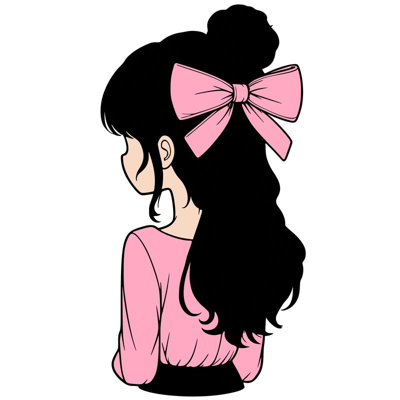 realistic girl  with hip length hair a bun and a big bow on the back of head