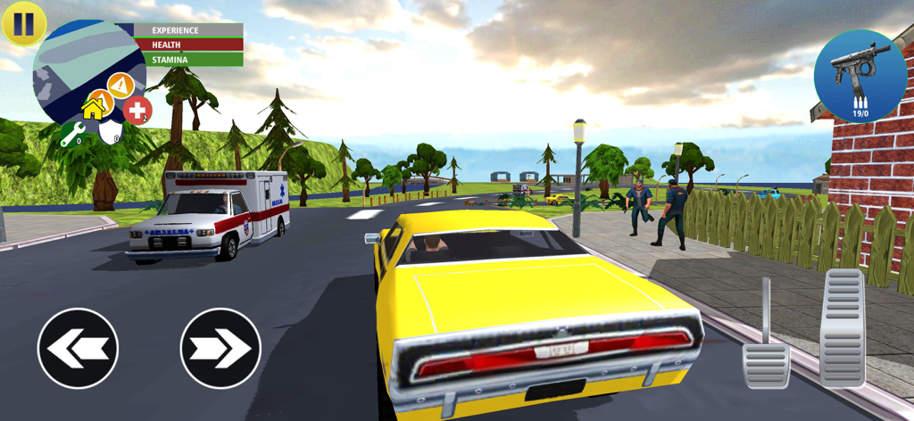 Gameplay of Real Gangster Vegas Mafia City showing a yellow car driving on a city street with game controls and map UI