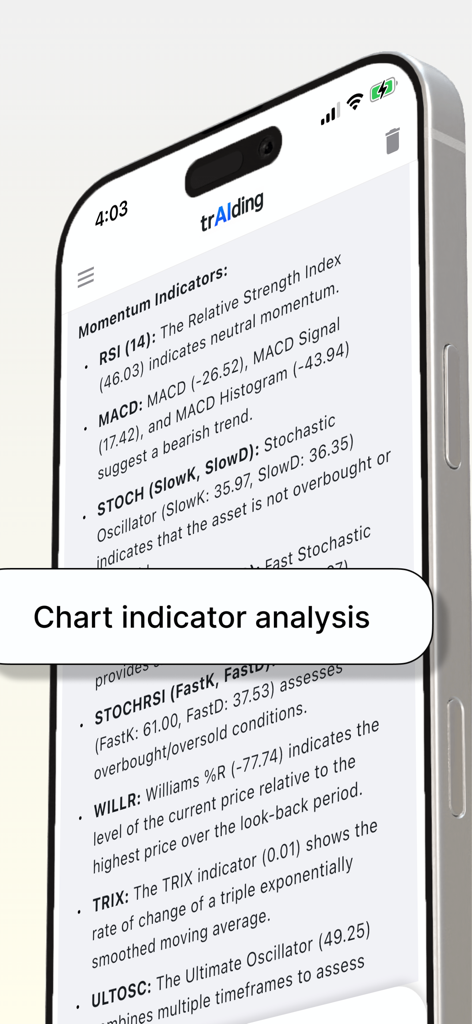 A mobile screen showing AI analysis of financial momentum indicators including RSI, MACD, and Stochastic oscillators.