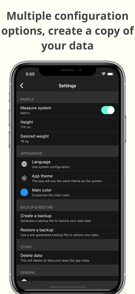 Weight Tracker – Fat loss - Pantalla de configuración de la aplicación Rastreador de Peso que muestra opciones de configuración y funciones de copia de seguridad de datos