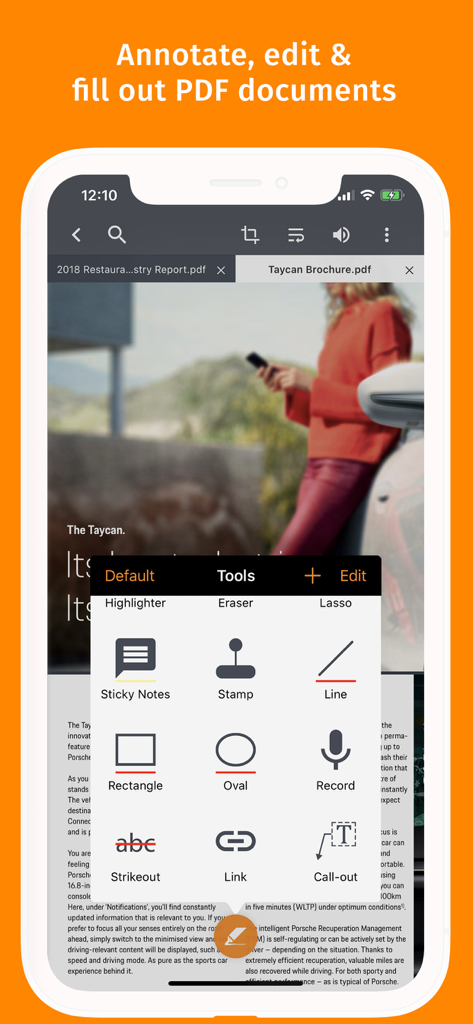 PDF Max - Aplicación móvil PDF Max mostrando herramientas profesionales de anotación y edición en una pantalla de iPhone