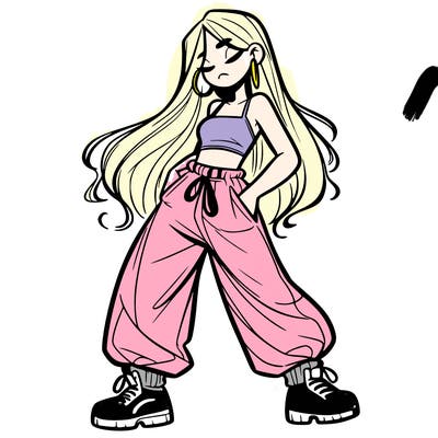 girl in baggy pants crop top and long hair