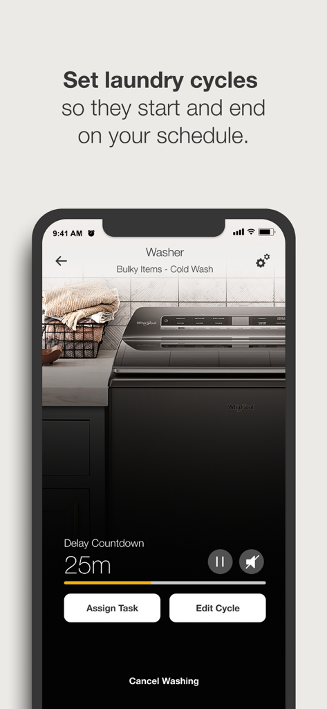 Whirlpool - Interface of the Whirlpool app showing a laundry cycle delay timer and task assignment buttons