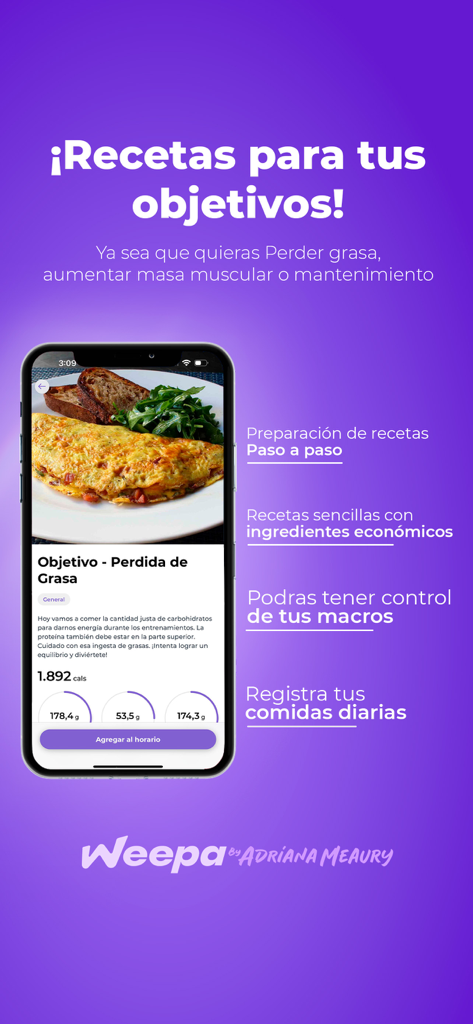 Weepa by Adriana Meaury - Interfaz de la aplicación de fitness Weepa mostrando recetas personalizadas y seguimiento de macros para objetivos de salud
