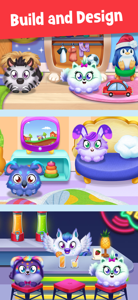 寝室やカフェなど、さまざまな装飾が施された部屋にいるかわいいバーチャルペット