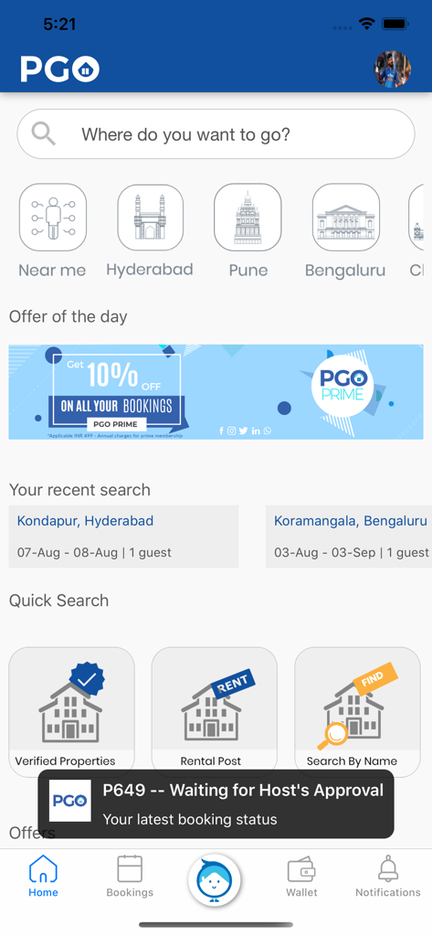 Dashboard della home page dell'app PGO che mostra opzioni di ricerca per alloggi per ospiti e stato della prenotazione