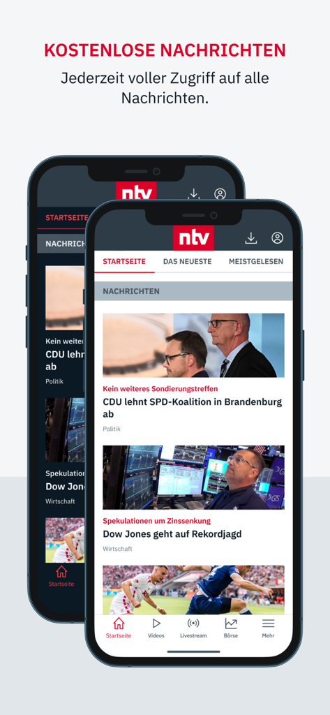 ntv Nachrichten App-Oberfläche, die kostenlose deutsche Nachrichten-Schlagzeilen für Politik und Finanzen anzeigt