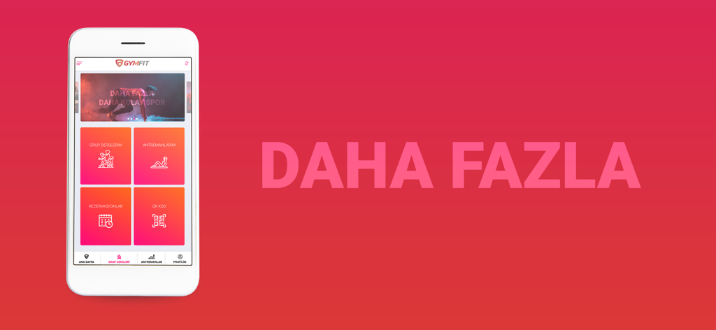 GYMFIT - Gymfit app home screen showing group lessons workouts reservations and QR code entry features on a smartphone