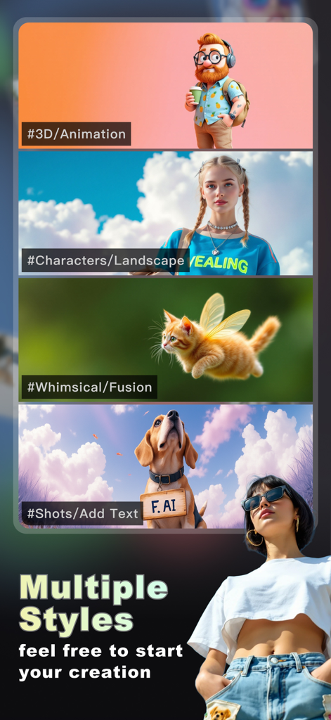 A showcase of different AI generation styles including 3D animation characters and whimsical animals within the Flair AI app