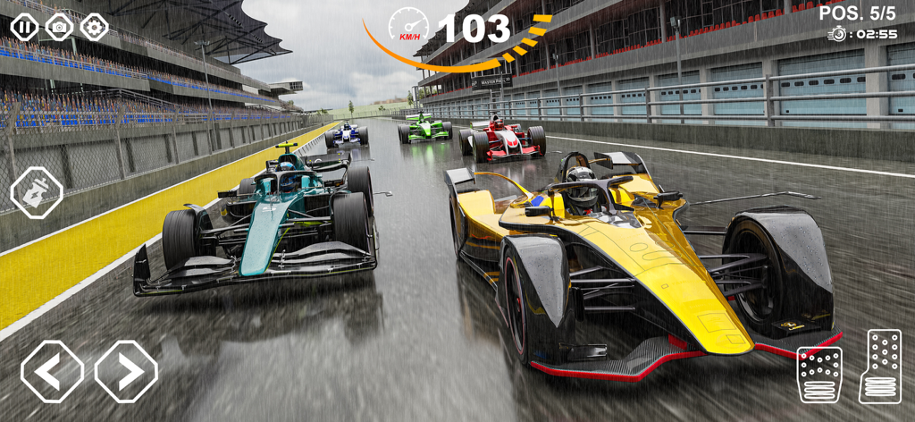 High speed gold formula car racing on a wet track during a competition