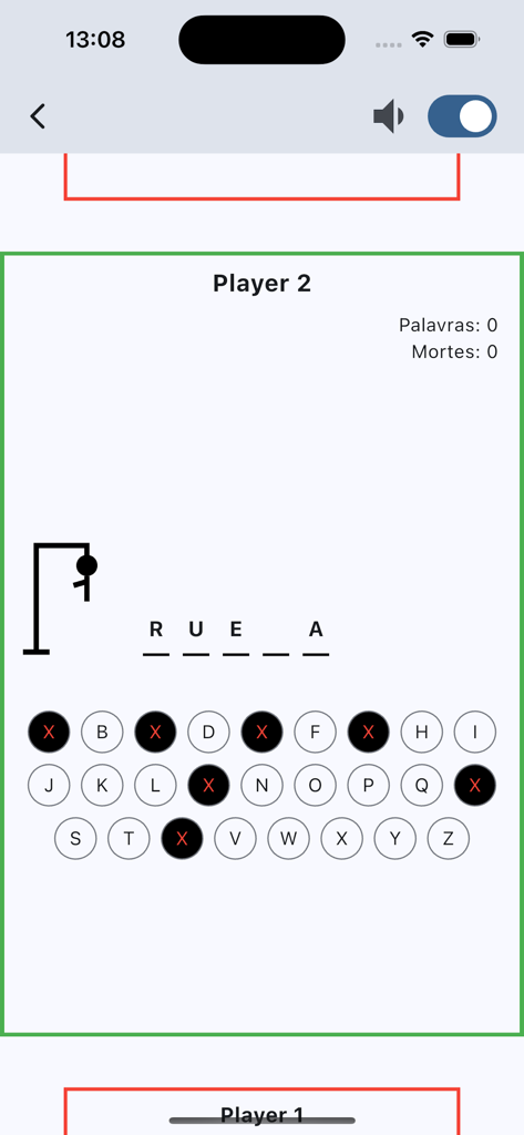 Jogo da Forca para Dois - Interface clássica do jogo da forca para dois jogadores num ecrã de aplicação móvel.