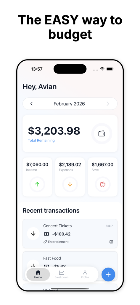 Budget App - TapSheet - TapSheet mobile app dashboard showing total remaining balance and recent transactions