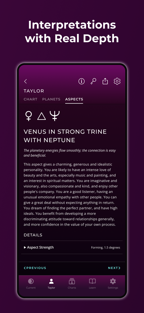 TimePassages Astrology - Una captura de pantalla de la aplicación TimePassages Astrology que muestra una interpretación profesional detallada de un aspecto planetario de Venus en trígono con Neptuno.