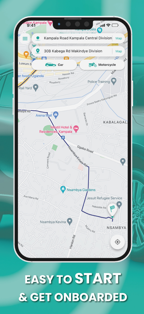 Ride Now - Uganda - Ride Now Uganda app interface showing a map of Kampala with options to book a car or motorcycle
