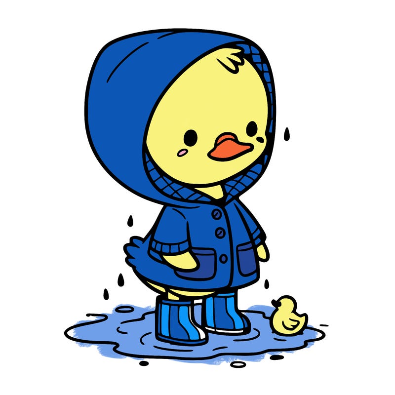 baby duck in a rain coat and boots, in a puddle while it’s raining