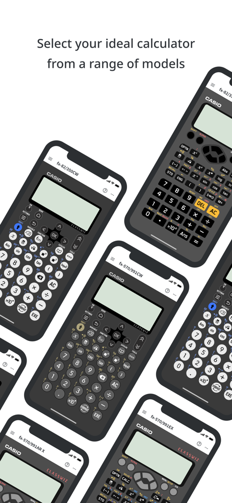 A variety of Casio ClassWiz scientific calculator models on smartphone screens