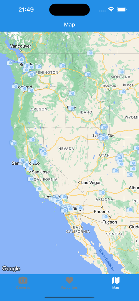 Map view of the USA Cameras app displaying live webcam locations across the Western United States.