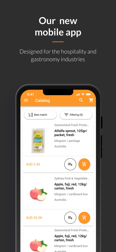 Interface du catalogue de l'application FutureLog pour les achats dans l'hôtellerie affichant des produits frais