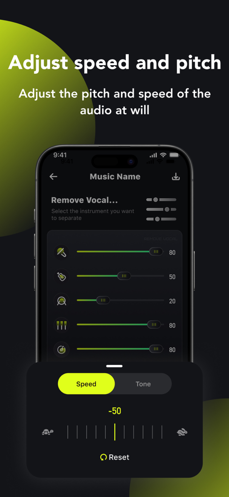 Music Splitter: Separate Audio - Interface do aplicativo Music Splitter mostrando controles de ajuste de velocidade e tom com um controle deslizante e ícones de tartaruga e coelho.