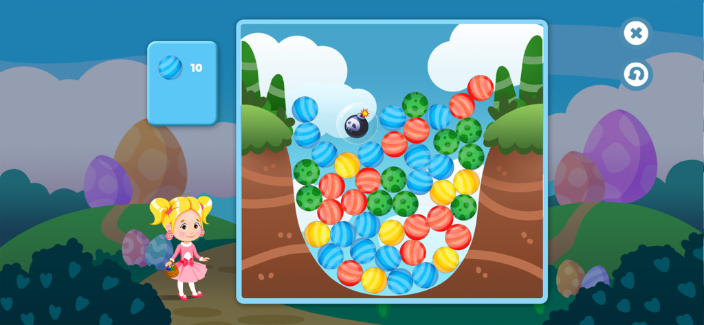 Like Nastya Game - Nastya character next to a physics-based puzzle mini-game with colorful striped balls and a cartoon landscape background