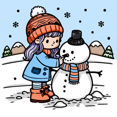 a little girl building a snowman on a winter day
