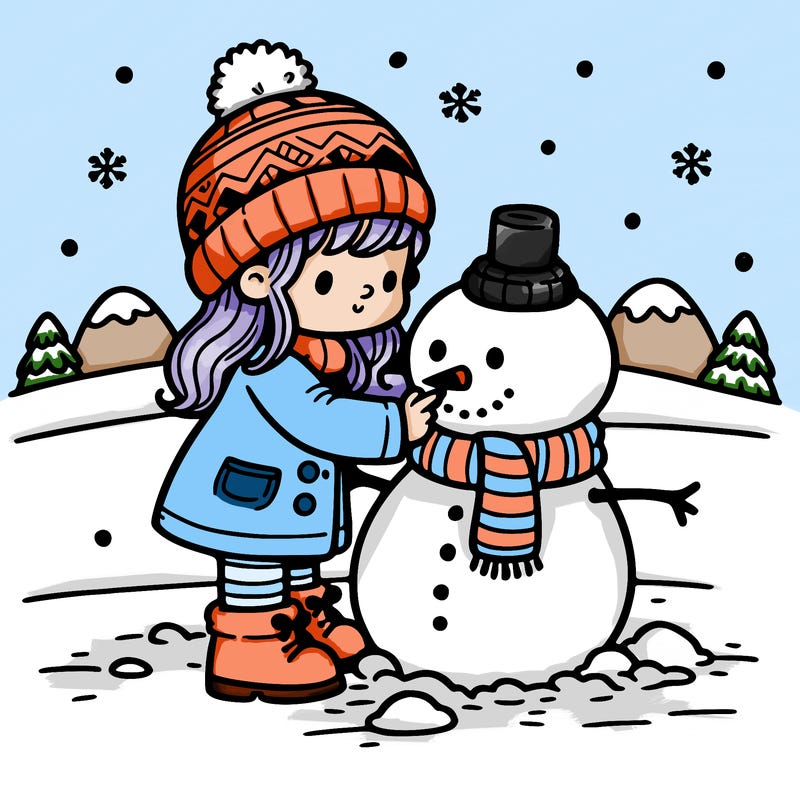 a little girl building a snowman on a winter day