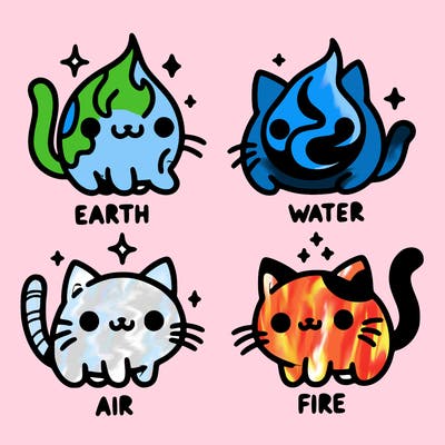 4 cats that represent the different elements, earth, water, air, and fire