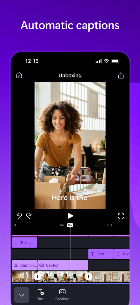 Microsoft Clipchamp mobile app showing the automatic captions editing tool for creators