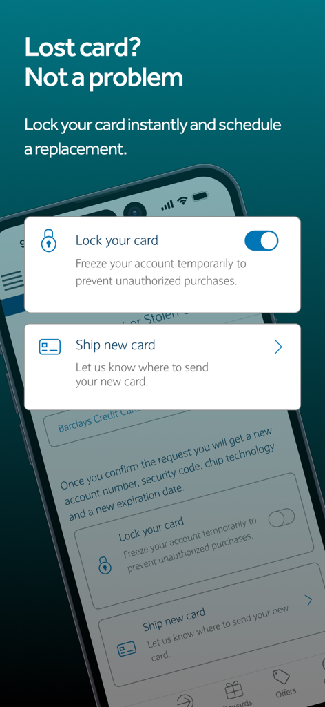 Barclays US app interface for locking a lost credit card and ordering a replacement.